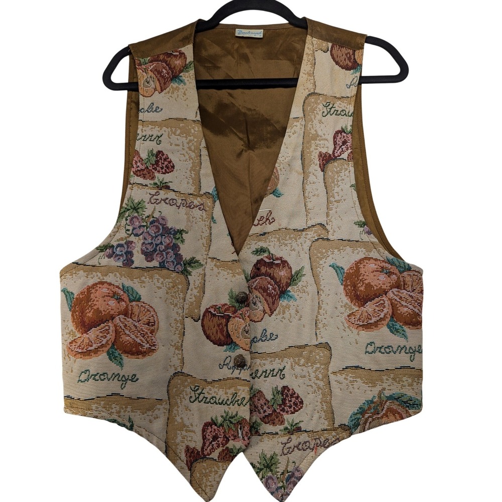 Backroad Blues Vintage Tapestry Vest Fruit‎ Print Brown Botanical 90s V-Neck M